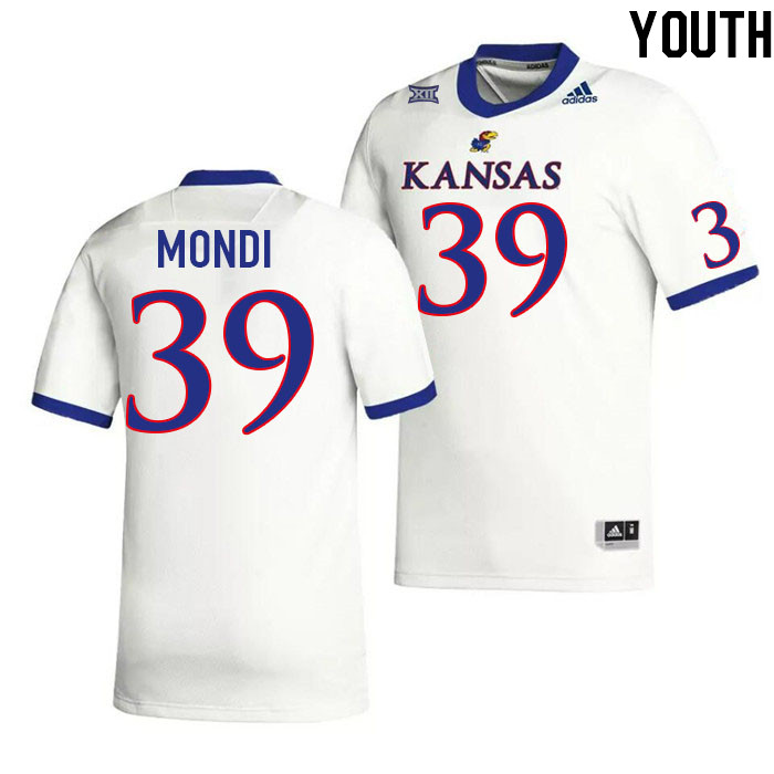 Youth #39 Cole Mondi Kansas Jayhawks College Football Jerseys Stitched Sale-White - Click Image to Close